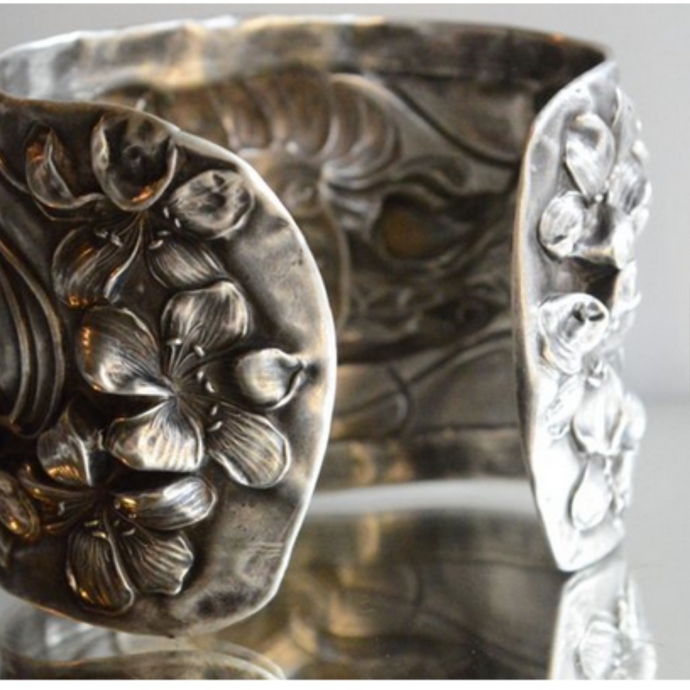 Antique Art Nouveau Sterling Silver Cuff 925 Wide Lady Face Gibson Girl Floral - Picture 8 of 8